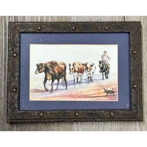 Lopez Baylon Watercolor Painting Cowboy Cattle Herd Rustic Western Framed Art